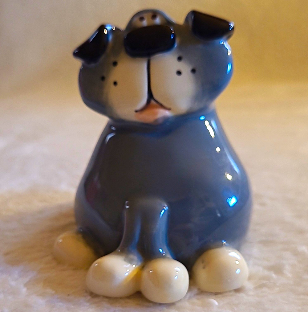 Vintage Russ Berrie Douglas Gray Dog Ceramic Figurine Signed Whimsical Puppy
